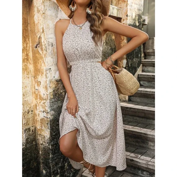 boho Floral Print Cut Out Waist Halter midi Dress - Picture 5 of 9